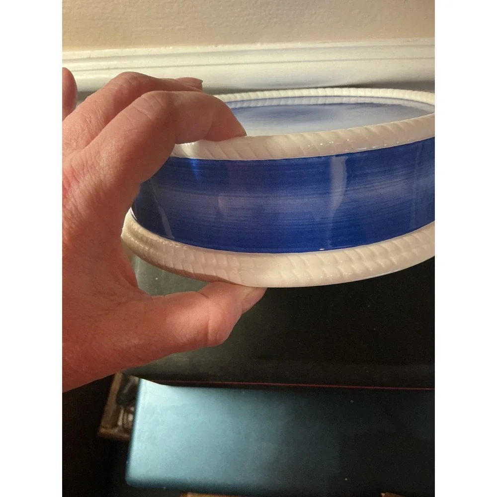 Geo Z Lefton Blue and White Rope Edge‎ Ceramic Cake Stand Retired